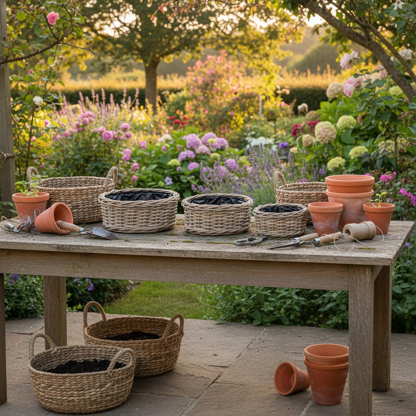 The Glasshouse Trio kubu rattan planters set of 3 on garden table handcrafted wicker baskets UK