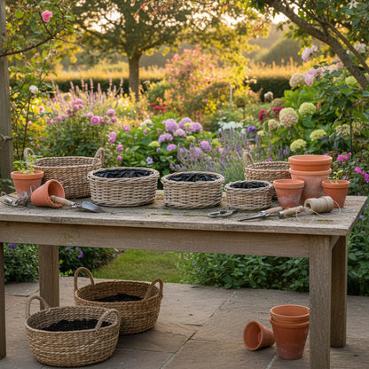 The Glasshouse Trio kubu rattan planters set of 3 on garden table handcrafted wicker baskets UK