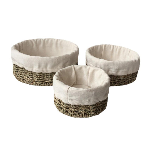 The Mersea Round Tray Set – Cotton Lined Seagrass Baskets (Set of 3) - The Timeless Trading Co.