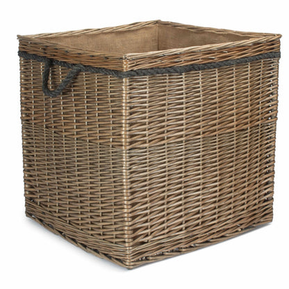 Large square willow log basket antique wash hessian lined fireside UK
