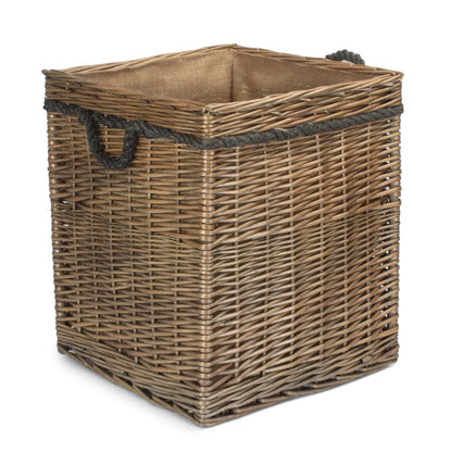 Medium square willow log basket antique wash hessian lined fireside UK
