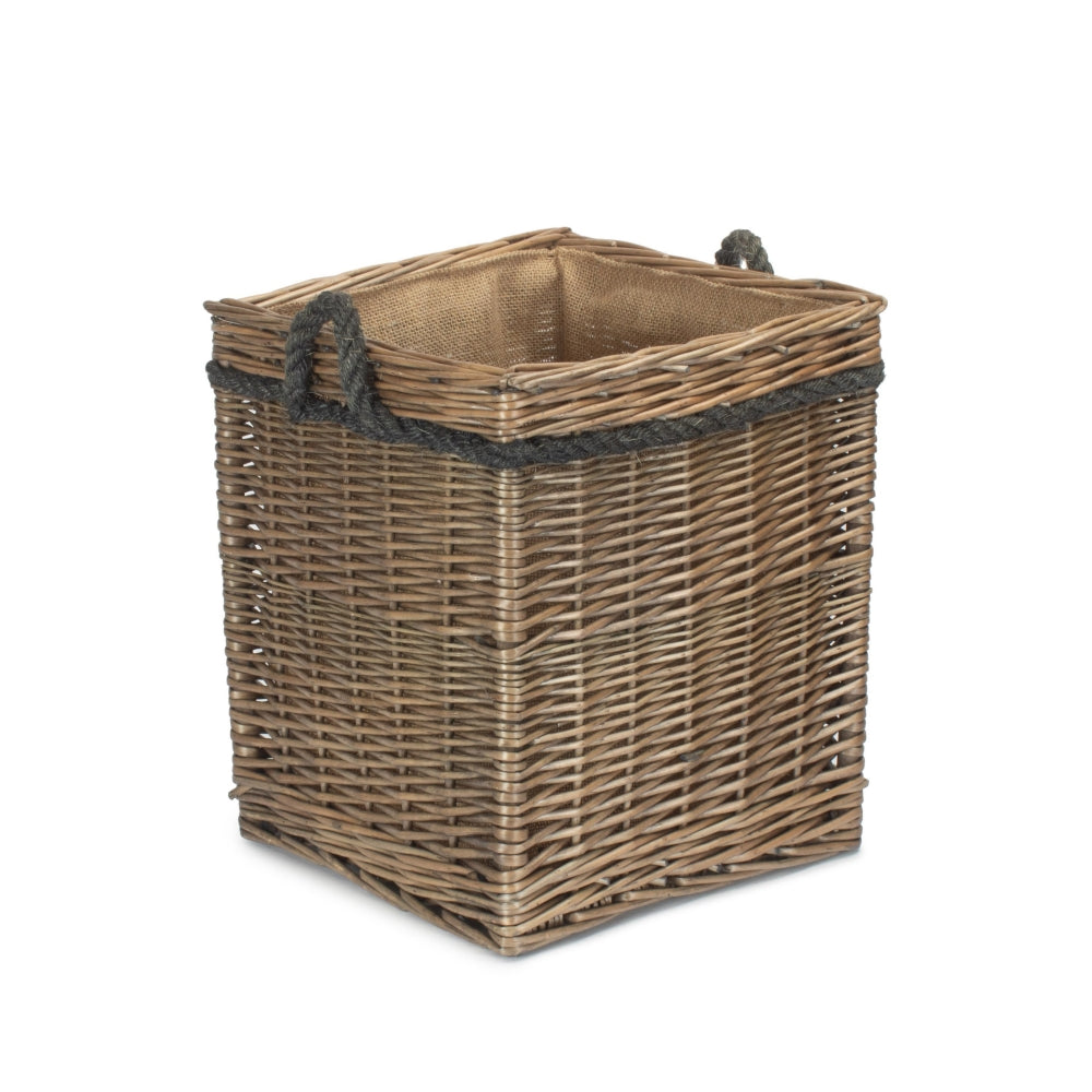 Small square willow log basket antique wash hessian lined fireside UK
