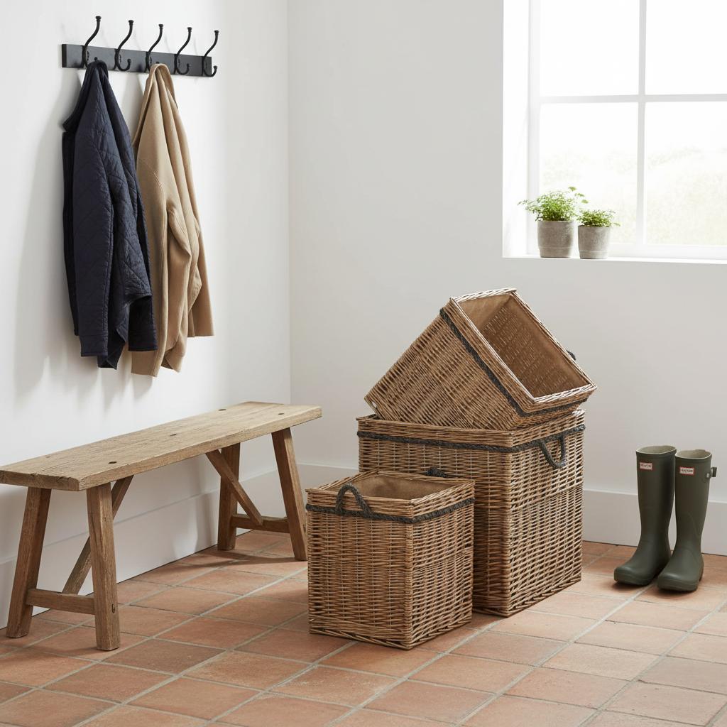 Handcrafted willow log basket farmhouse mudroom storage UK heritage