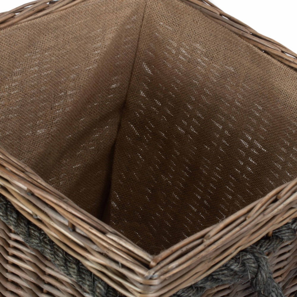 Inside view of Thornleigh square wicker log basket with rope handles, handwoven fireside storage