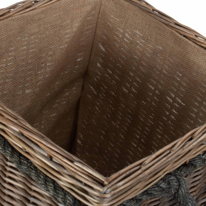 Inside view of Thornleigh square wicker log basket with rope handles, handwoven fireside storage