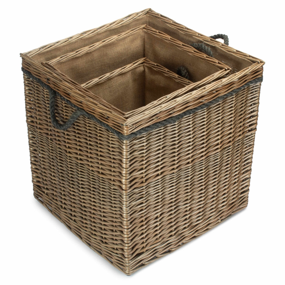 Handcrafted square wicker log basket set antique wash fireside storage UK
