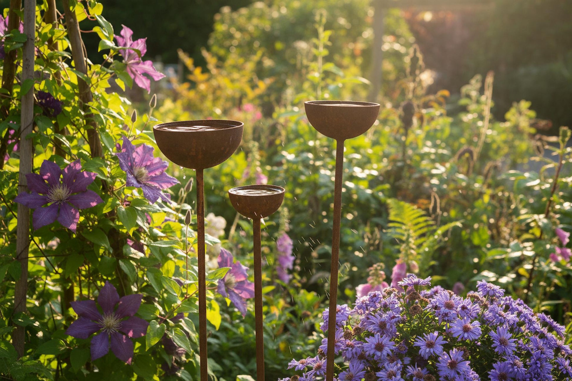 Rusty rain catcher birdbath stakes with water pooling cottage garden British countryside UK 