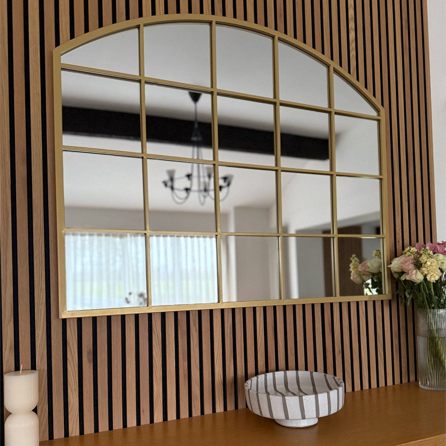 Gold arched lattice mirror above console table — 95cm x 120cm frame styled for hallway charm, dressing rooms, and heritage-inspired interiors