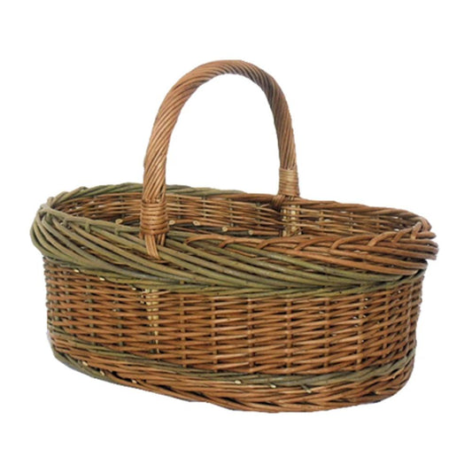 Handwoven green willow shopping basket with curved handles UK market carrier
