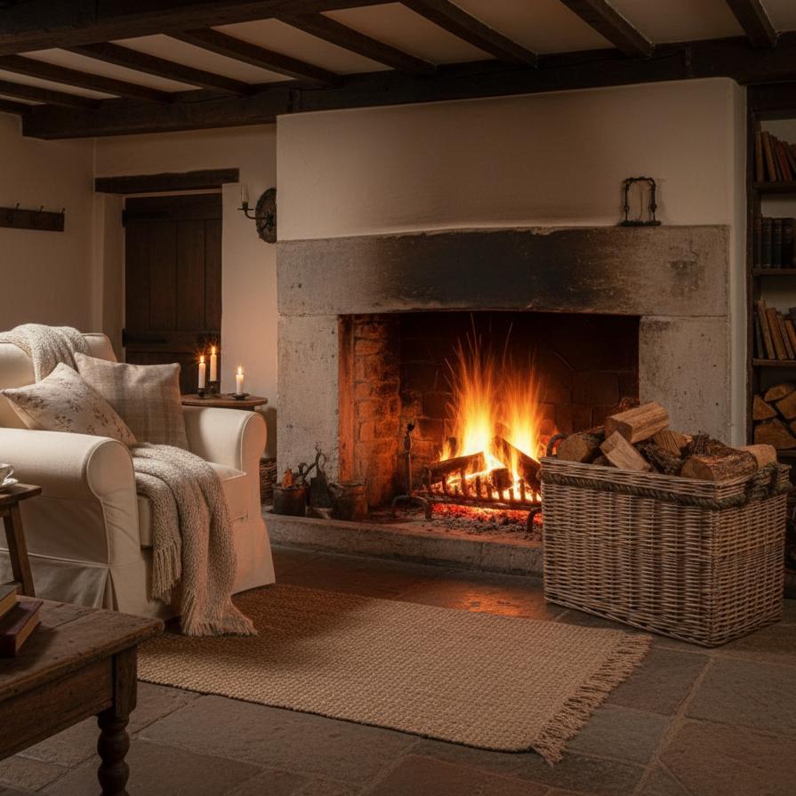 Ombersley large willow log basket rope handles hessian lining fireside UK