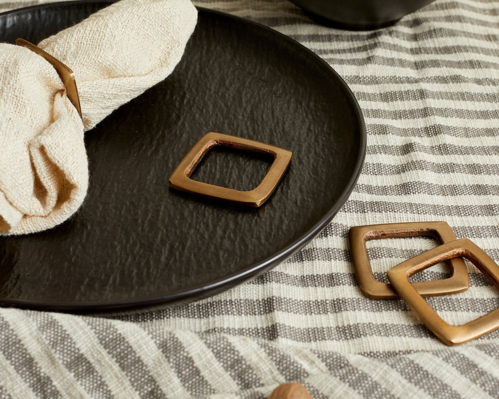 Trafalgar Brass Napkin Rings Set of 4 in gold, elegant square design for dining table