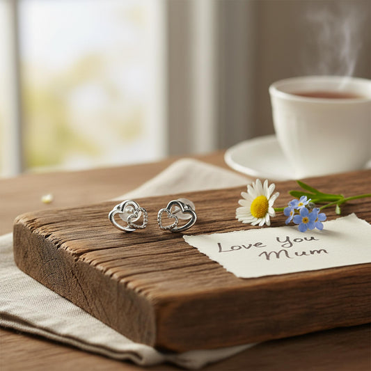 Two hearts silver stud earrings Mother's Day gift UK rustic wooden surface love you mum note