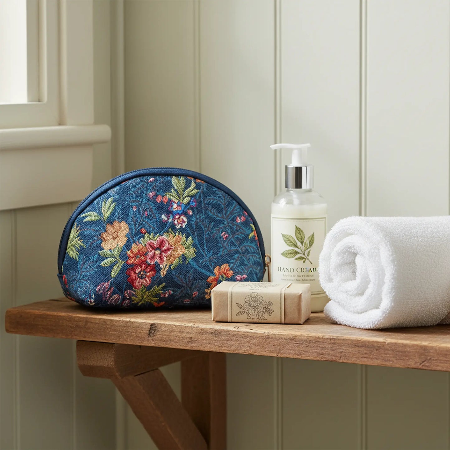 V&A Flower Meadow Blue cosmetic bag on bathroom shelf heritage tapestry makeup organiser UK