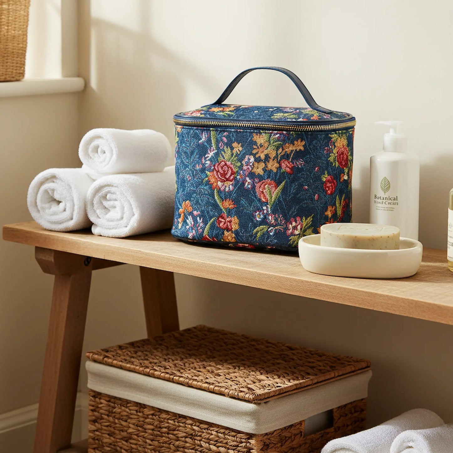 V&A toiletry bag Flower Meadow Blue on bathroom shelf heritage tapestry cosmetic organiser UK