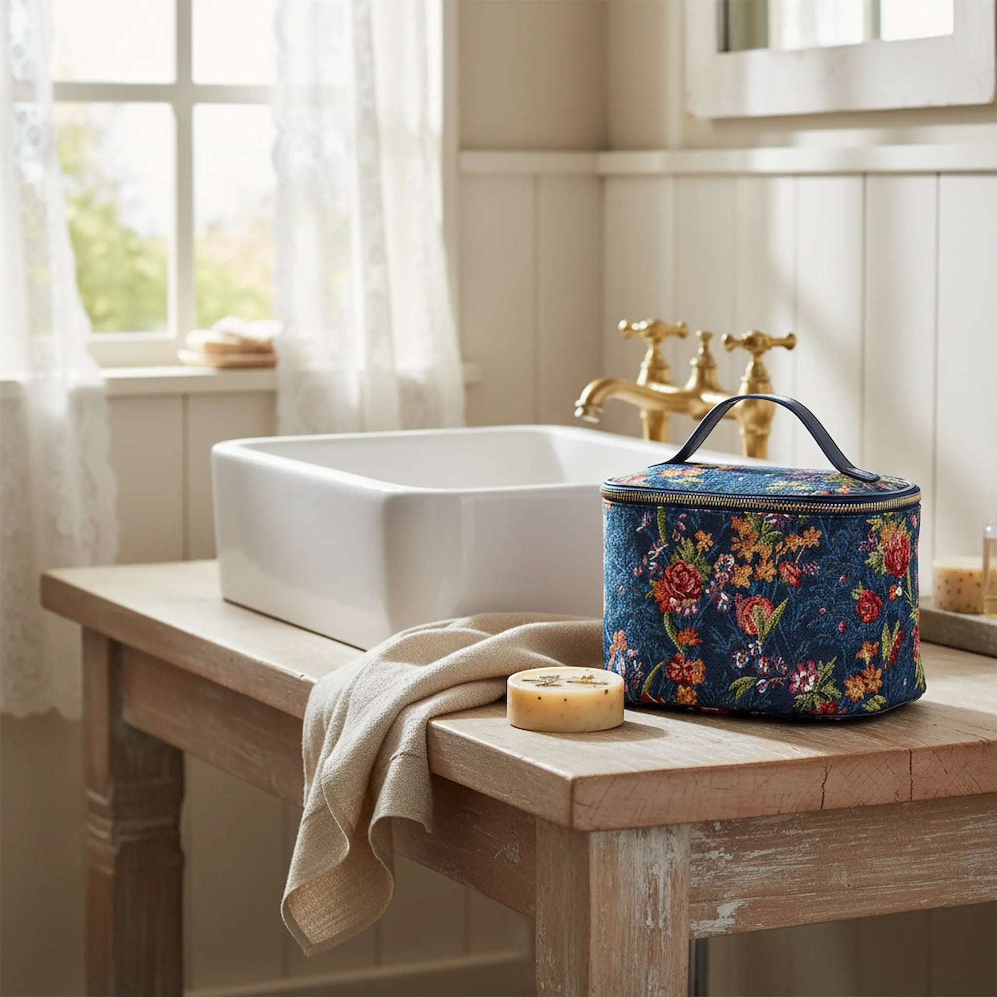 V&A Flower Meadow Blue toiletry bag on farmhouse bathroom counter heritage tapestry wash bag UK