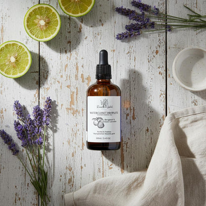 Natural Toilet Drops Bergamot Grosso Lavender Botanical Flat Lay UK