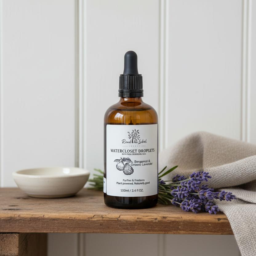 Natural Toilet Drops Bergamot Grosso Lavender Wooden Bathroom Shelf UK
