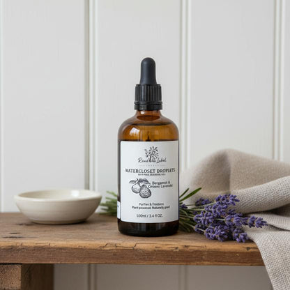 Natural Toilet Drops Bergamot Grosso Lavender Wooden Bathroom Shelf UK