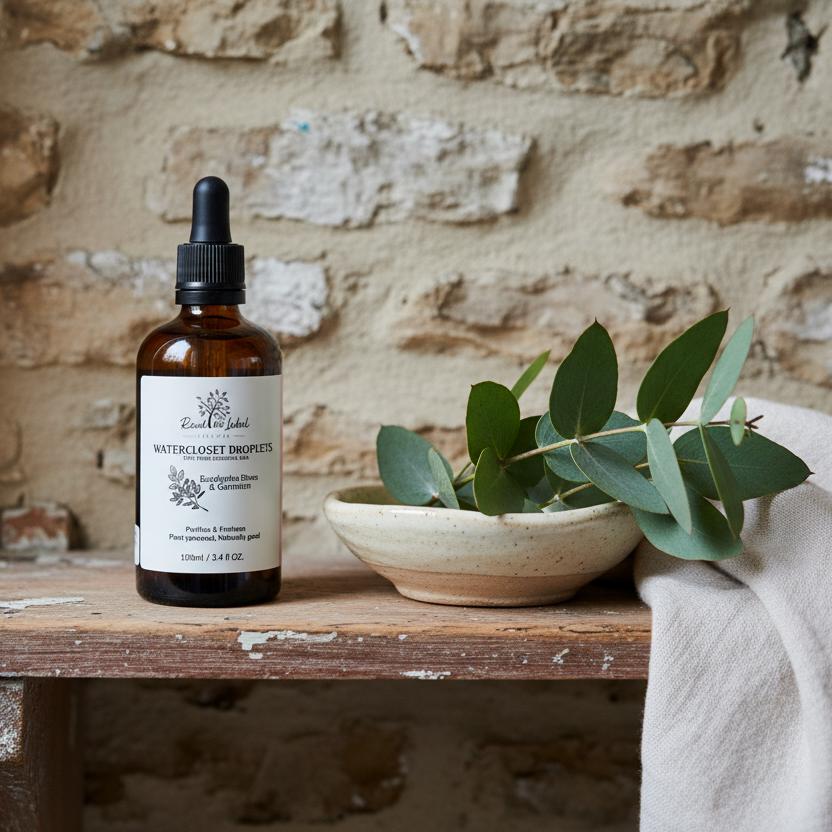 Natural Watercloset Droplets Eucalyptus Dives Geranium Wooden Bathroom Shelf UK