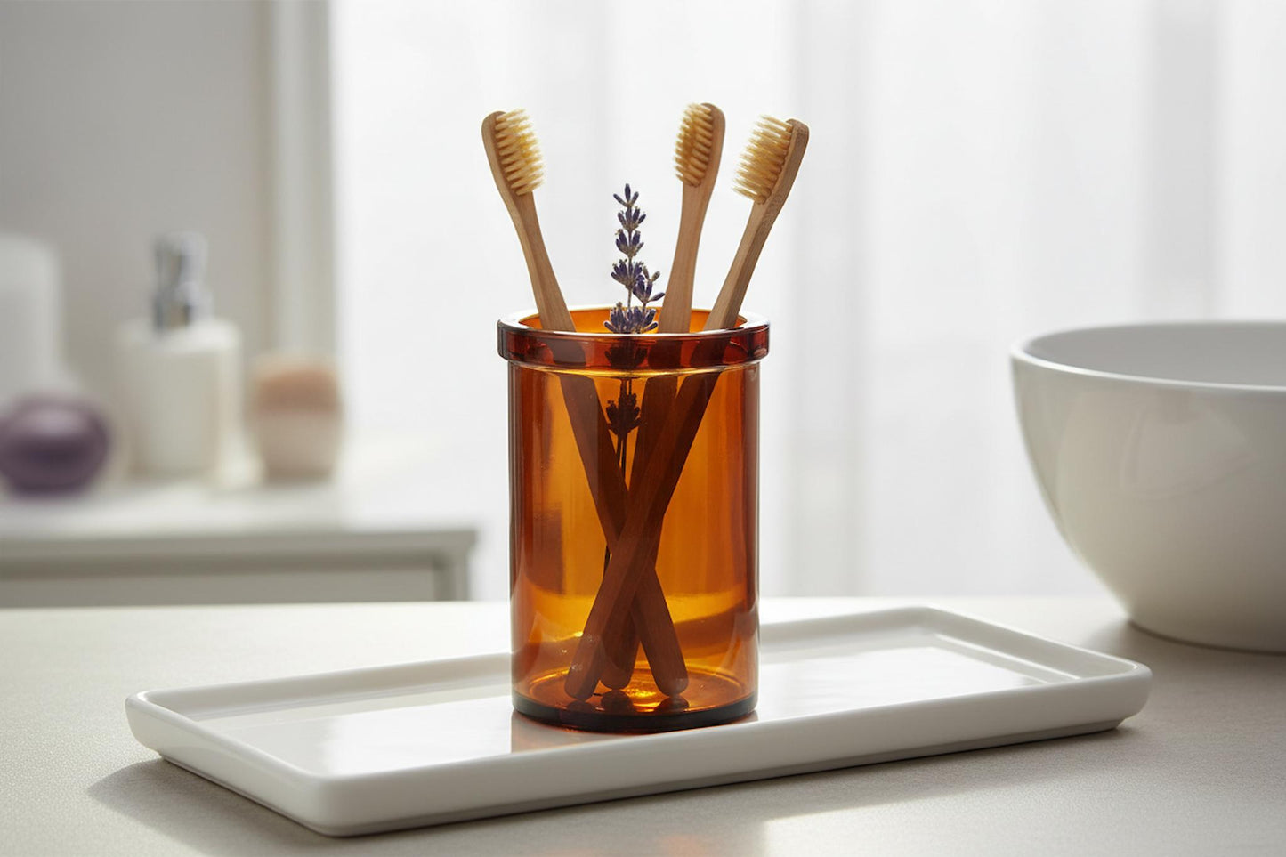 Amber glass bathroom holder bamboo toothbrushes dried lavender apothecary UK