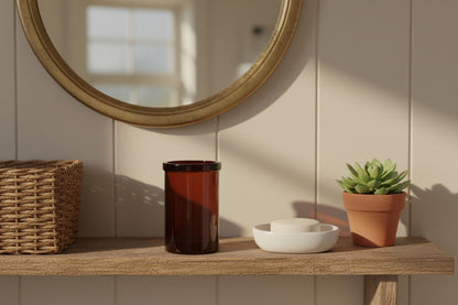 Vintage amber glass toothbrush holder rustic wooden shelf cottage bathroom UK