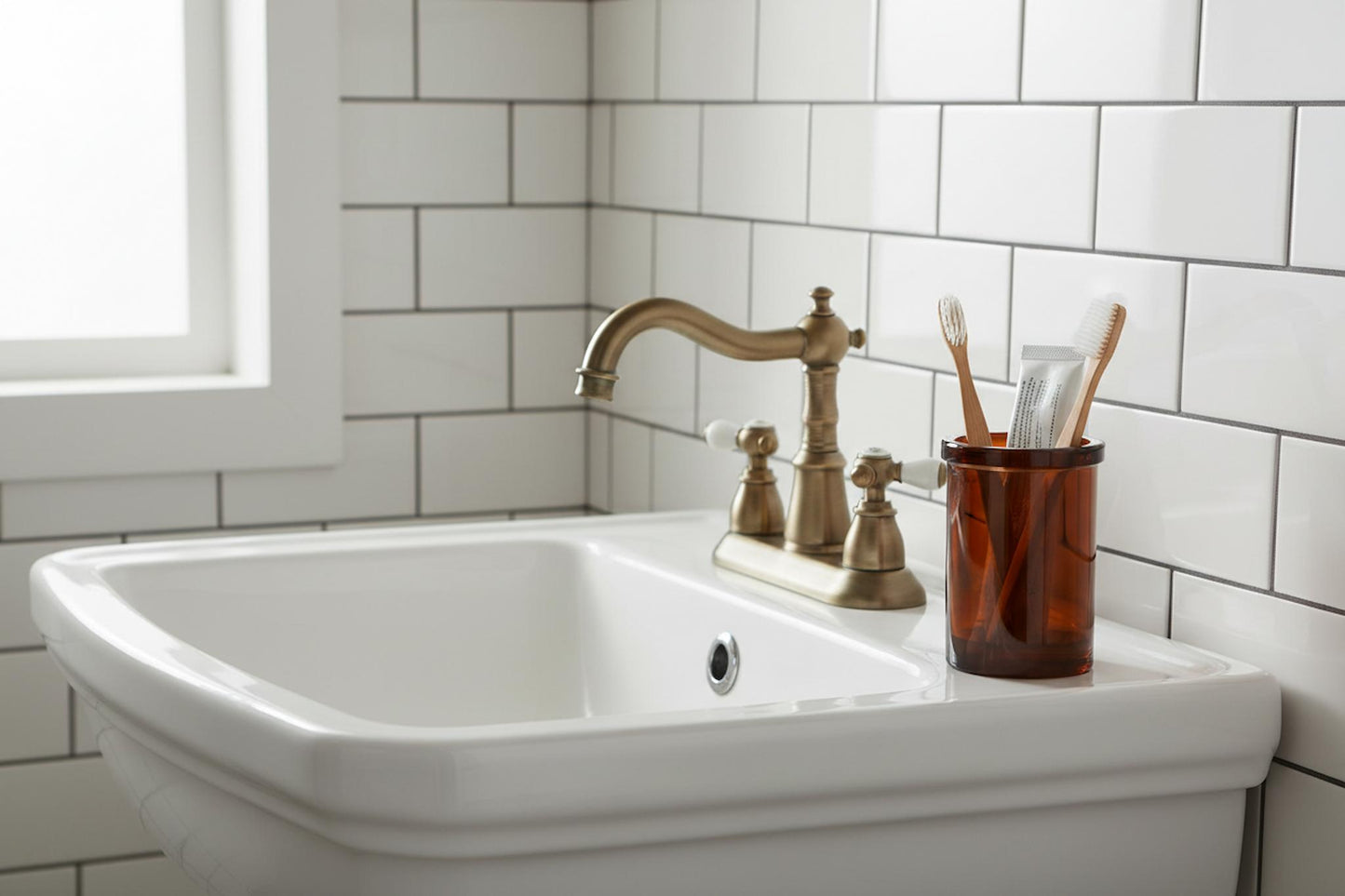 Vintage amber glass toothbrush holder heritage bathroom porcelain basin UK