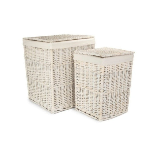 White wicker laundry basket cotton lined with lid The Edith cottage bathroom storage UK