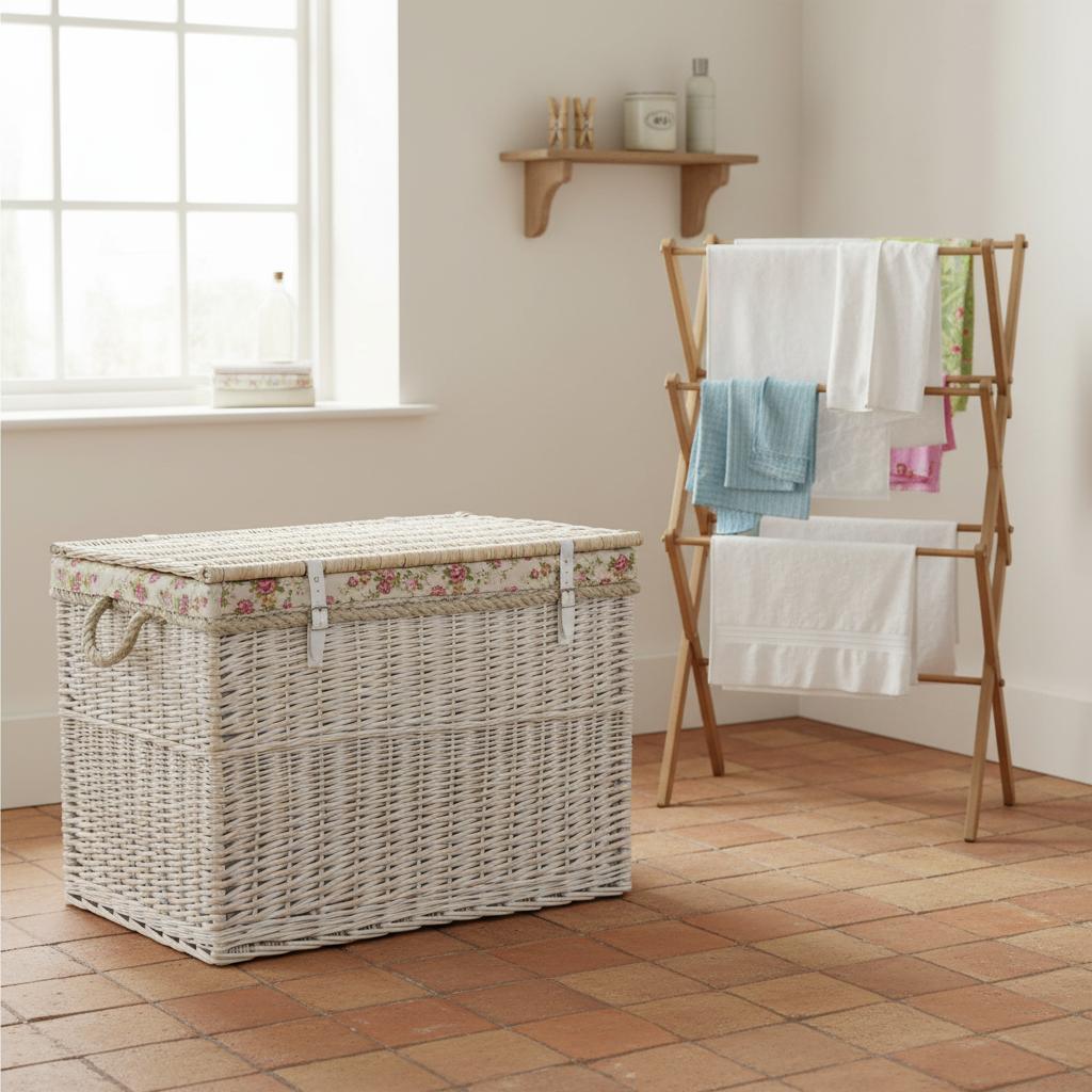 Whitewash wicker laundry basket in country utility room - heritage storage UK