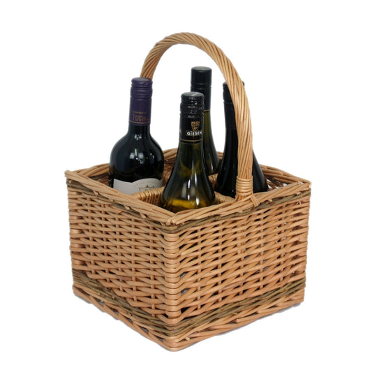 Full buff wicker drinks basket with four bottles, rustic festive style on blank background