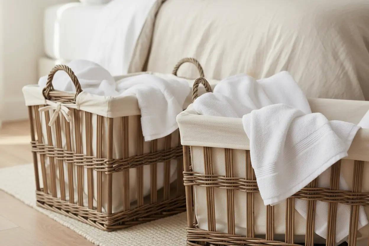 Handwoven wicker laundry baskets with white linens in cottage bedroom UK