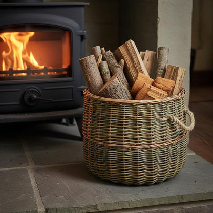 Handwoven wicker log basket filled with logs beside wood stove fireside UK