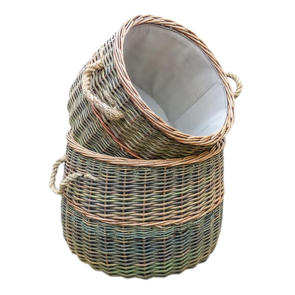 Set of 2 handwoven wicker log baskets with rope handles fireside storage UK