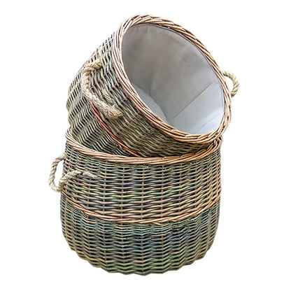 Set of 2 handwoven wicker log baskets with rope handles fireside storage UK