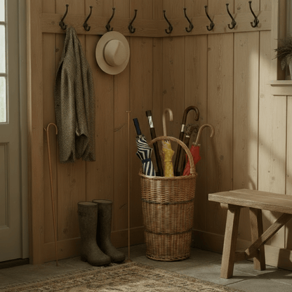 Wicker umbrella and walking stick basket in mudroom corner beside rustic wooden bench, styled for countryside hallway charm.