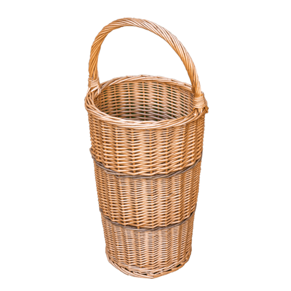 Natural wicker umbrella and walking stick basket with curved handle, rustic hallway or mudroom storage.