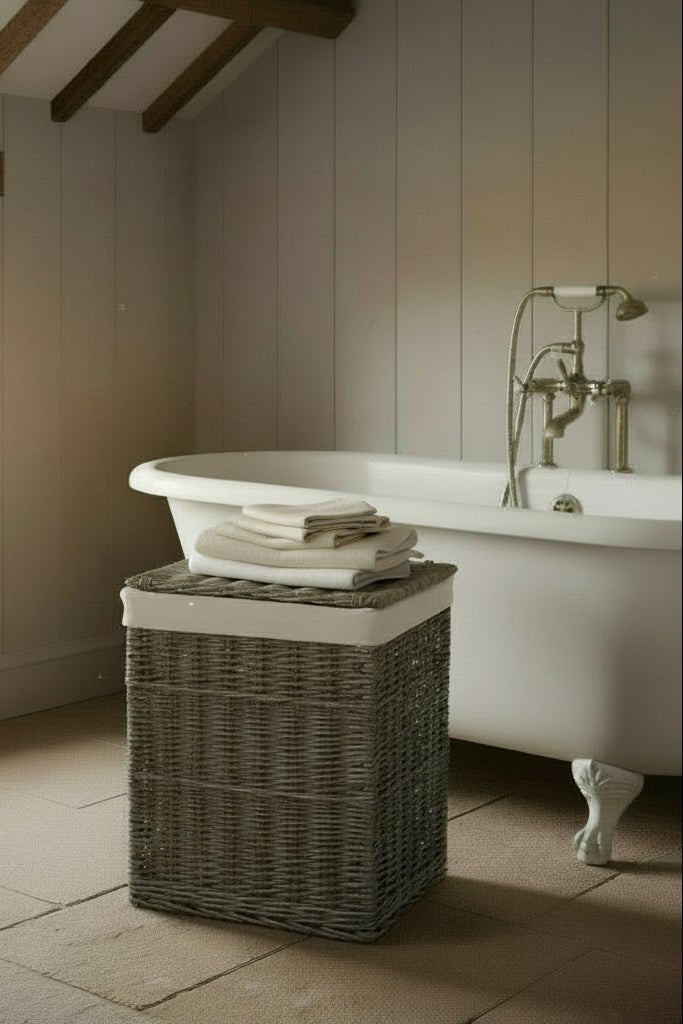 Large square wicker laundry basket antique wash beside roll top bath in period property bathroom
