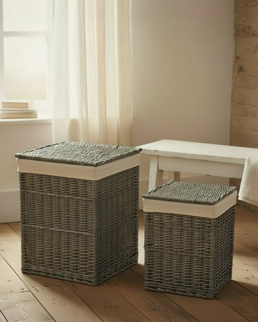 Set of two square wicker laundry baskets antique wash in farmhouse interior with cotton lining
