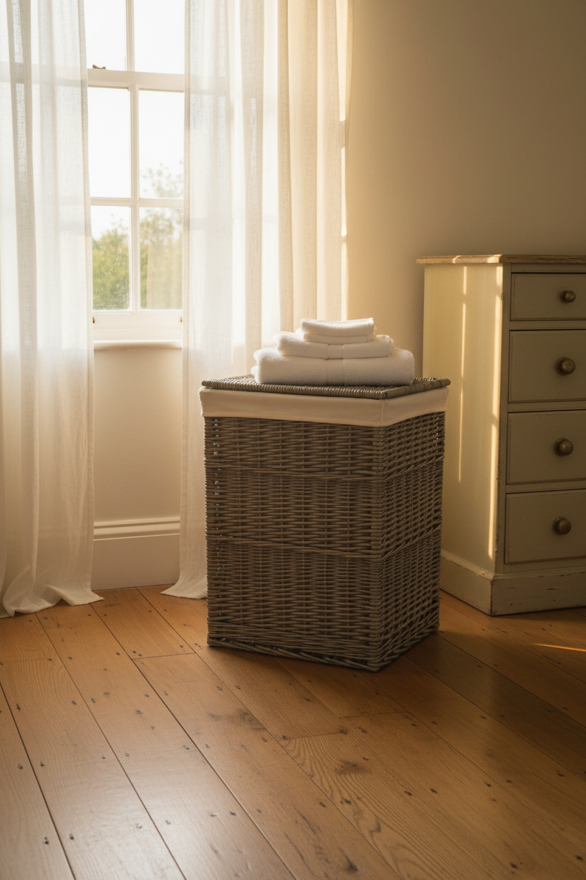 Close-up handwoven willow texture square laundry basket antique wash with white cotton lining detail
