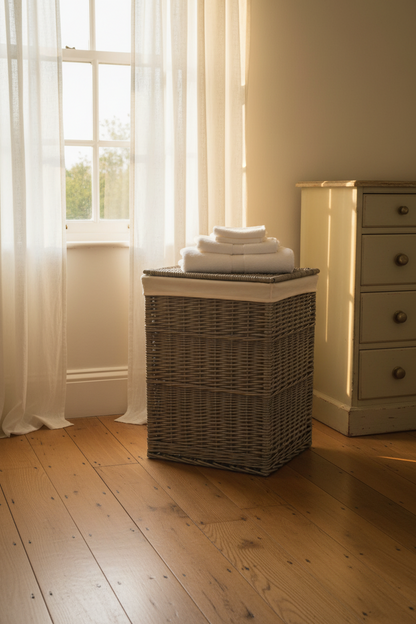 Close-up handwoven willow texture square laundry basket antique wash with white cotton lining detail
