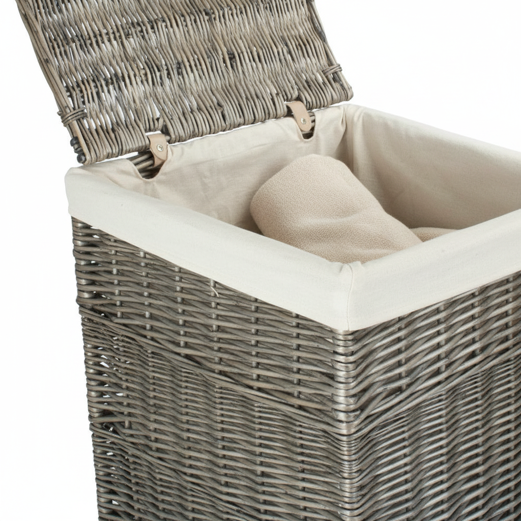 Set of two square wicker laundry baskets grey antique wash in farmhouse utility room with cotton lining