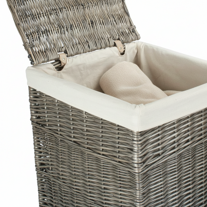 Set of two square wicker laundry baskets grey antique wash in farmhouse utility room with cotton lining
