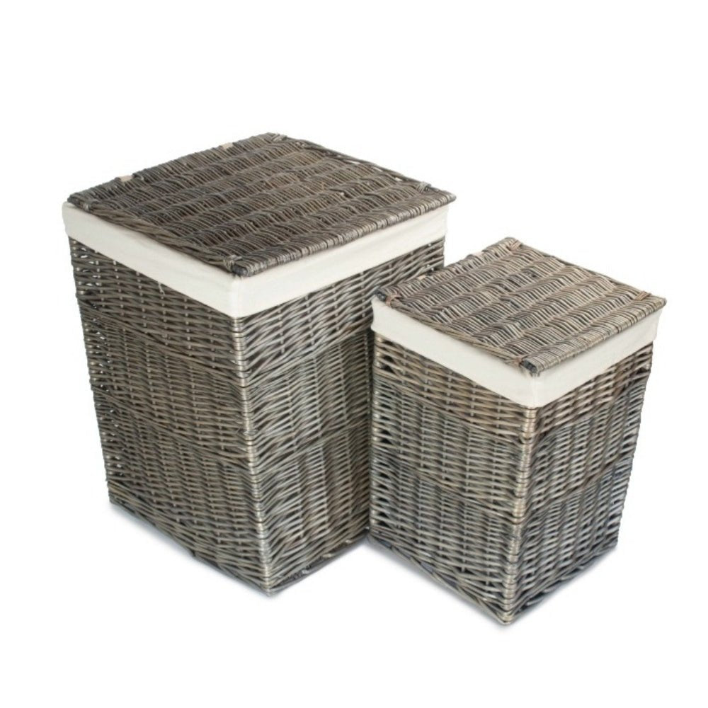 Square wicker laundry basket antique wash styled with white cotton lining heritage storage