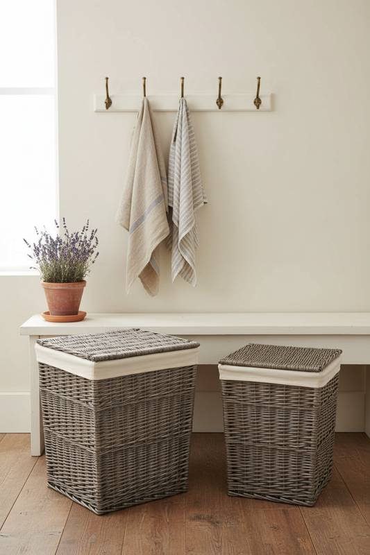 Square wicker laundry basket antique wash in period property bedroom corner with oak floorboards