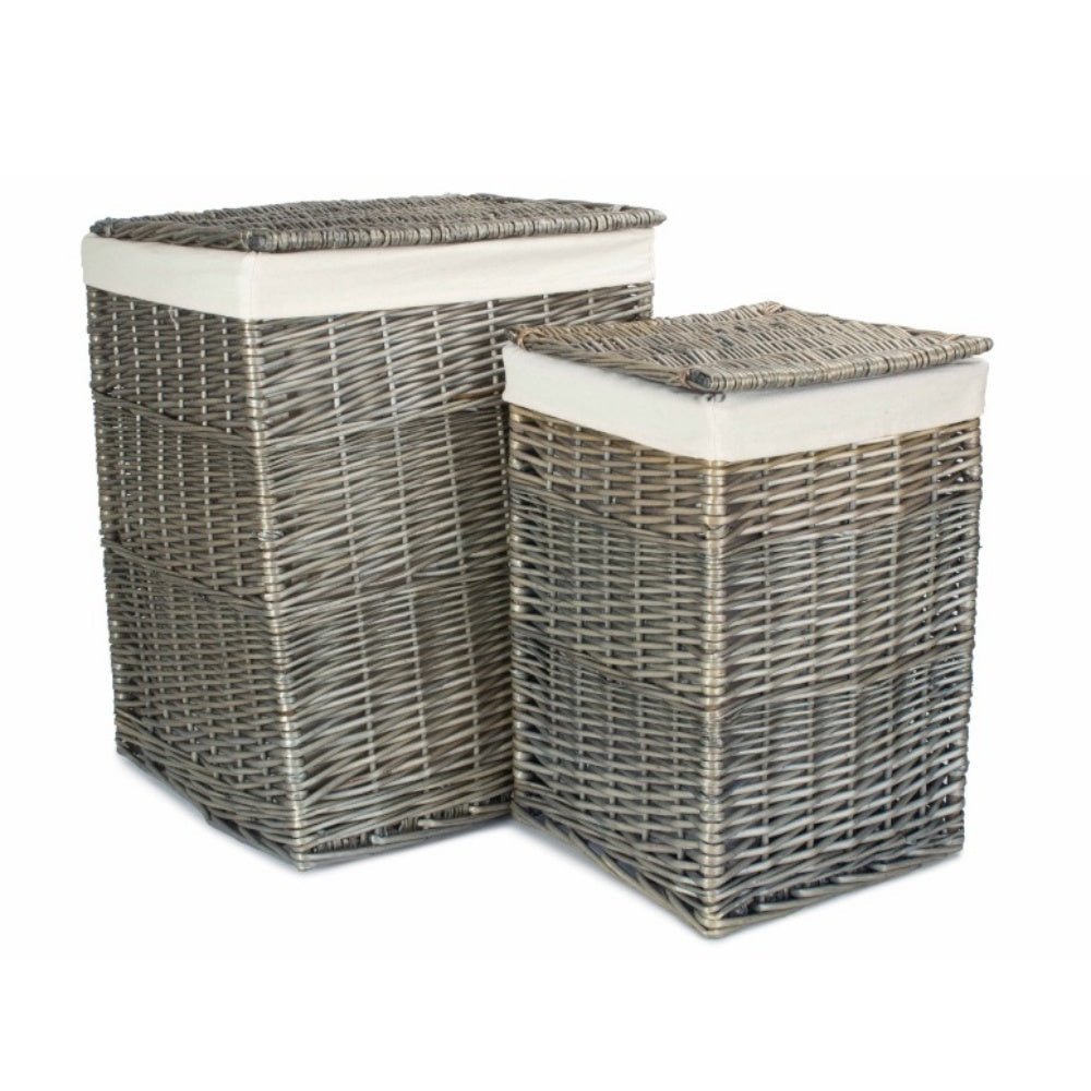 Square wicker laundry basket antique wash with cotton lining on white background