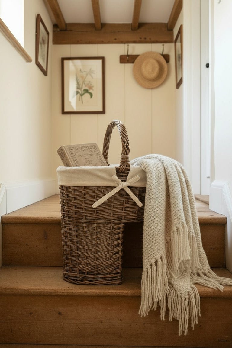 Willow stair basket white lining cottage hall wooden stairs throw book