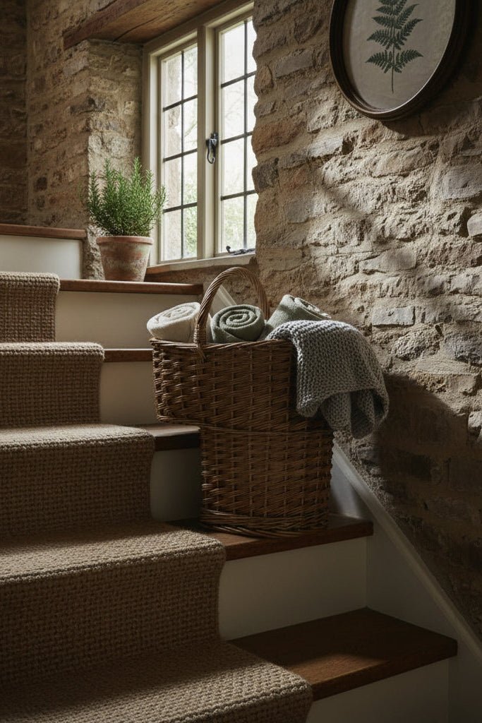 Willow stair basket curved handle cottage hallway wooden stairs blankets UK