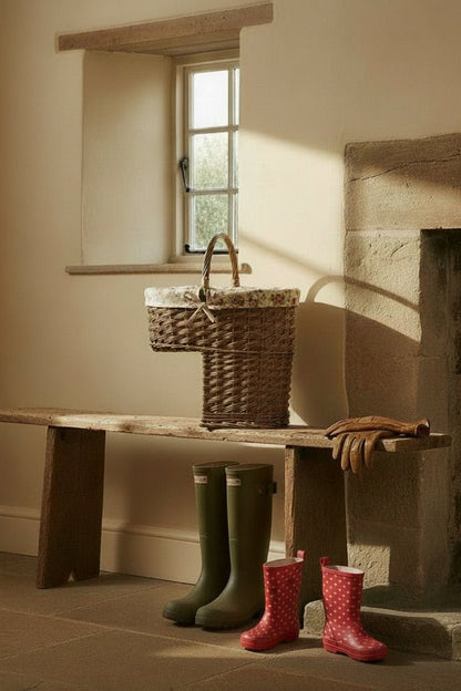 Willow stair basket rose lining bootroom gloves scarves countryside UK
