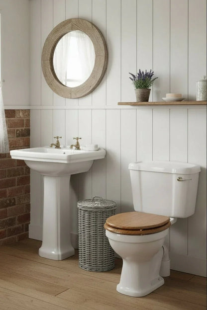 Country style bathroom with white pedestal sink, wicker laundry basket, wooden toilet seat, and round wood mirror