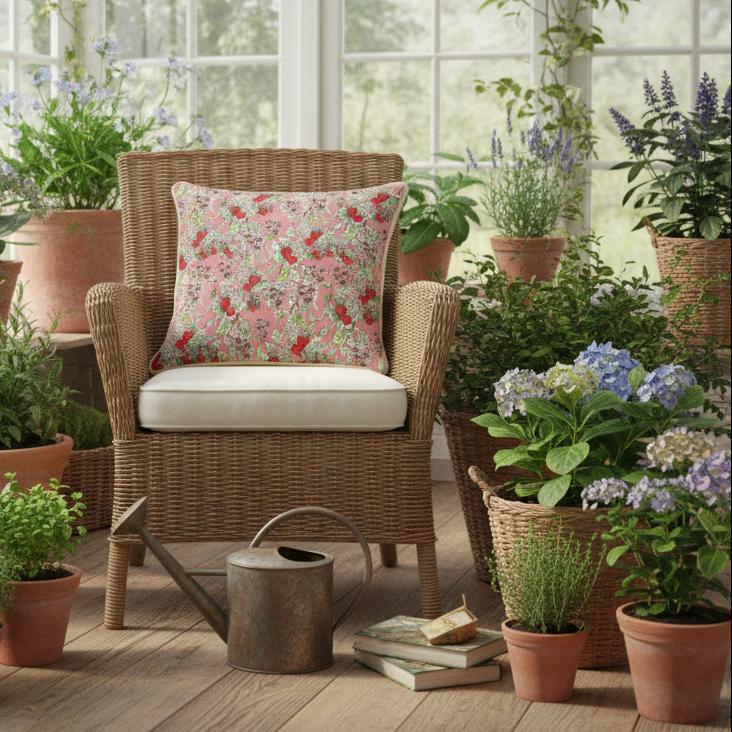 Wild strawberry cushion wicker chair conservatory botanical cottage UK style