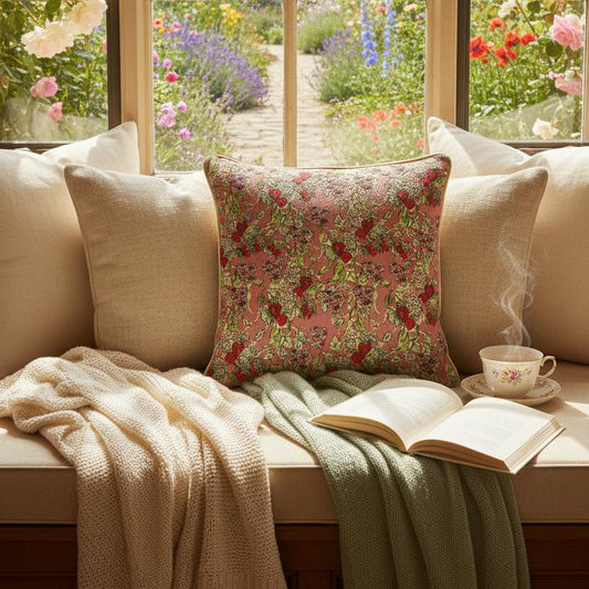 Wild strawberry cushion window seat reading nook cottage garden view UK home